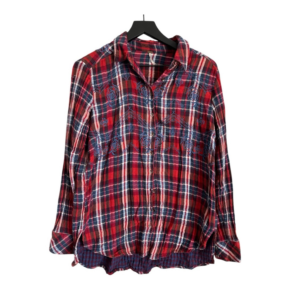 FREE PEOPLE Red and Blue Plaid Embroidered Long Sleeve Button Down